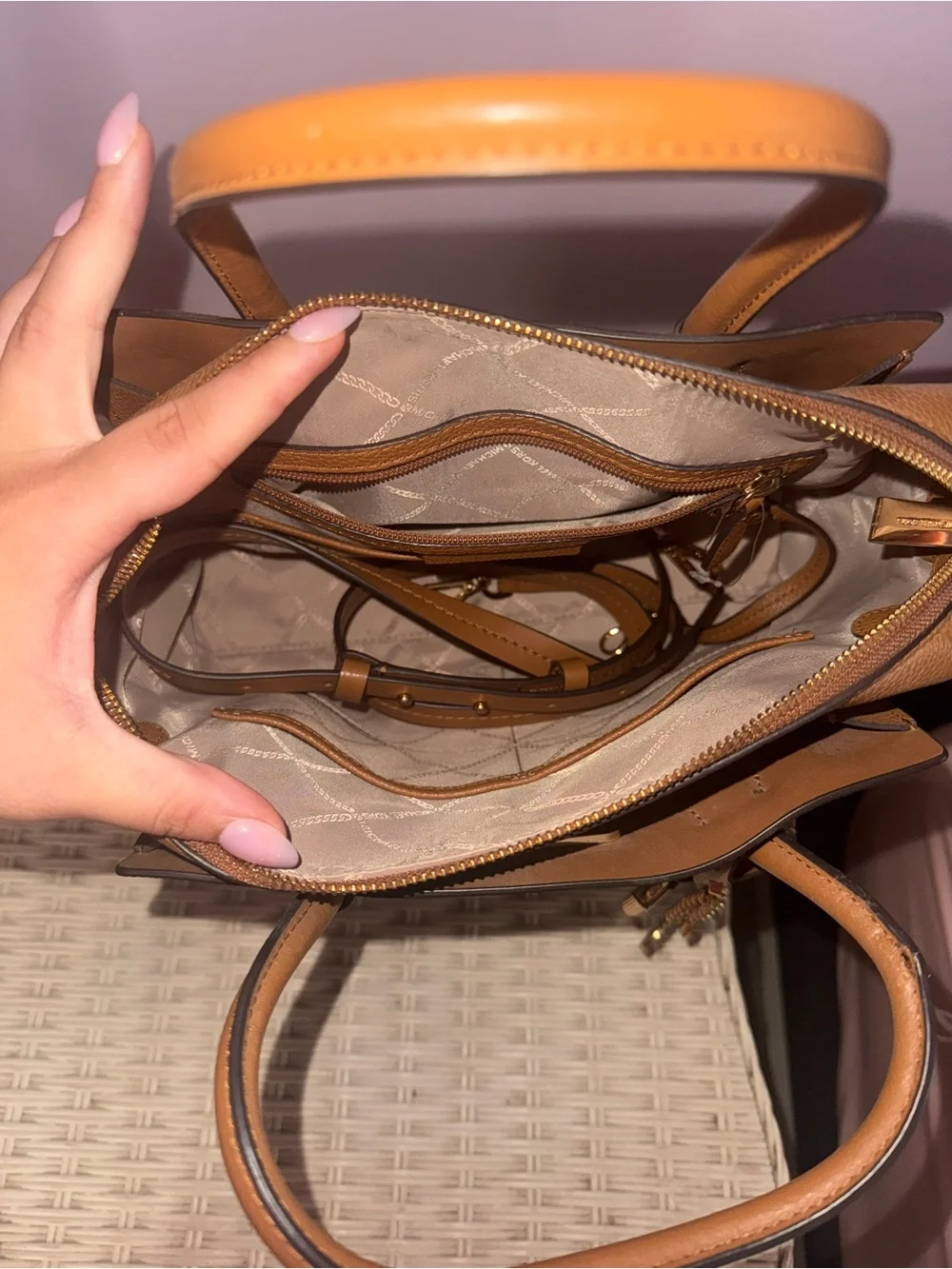 Michael Kors Cognac Pebbled Leather Satchel with Heart Charm